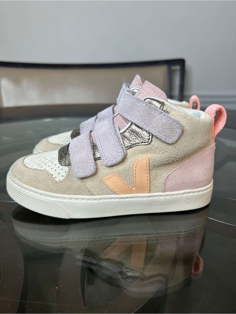 Veja Kids Small V-10 Mid Suede Velcro Sneakers Pastel Pink Metallic US Size 13.5